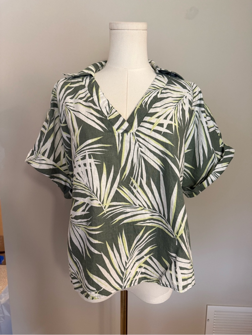 Maison Jules Tropical Palm Leaf Linen Blouse Green White M Resort Vacation Top